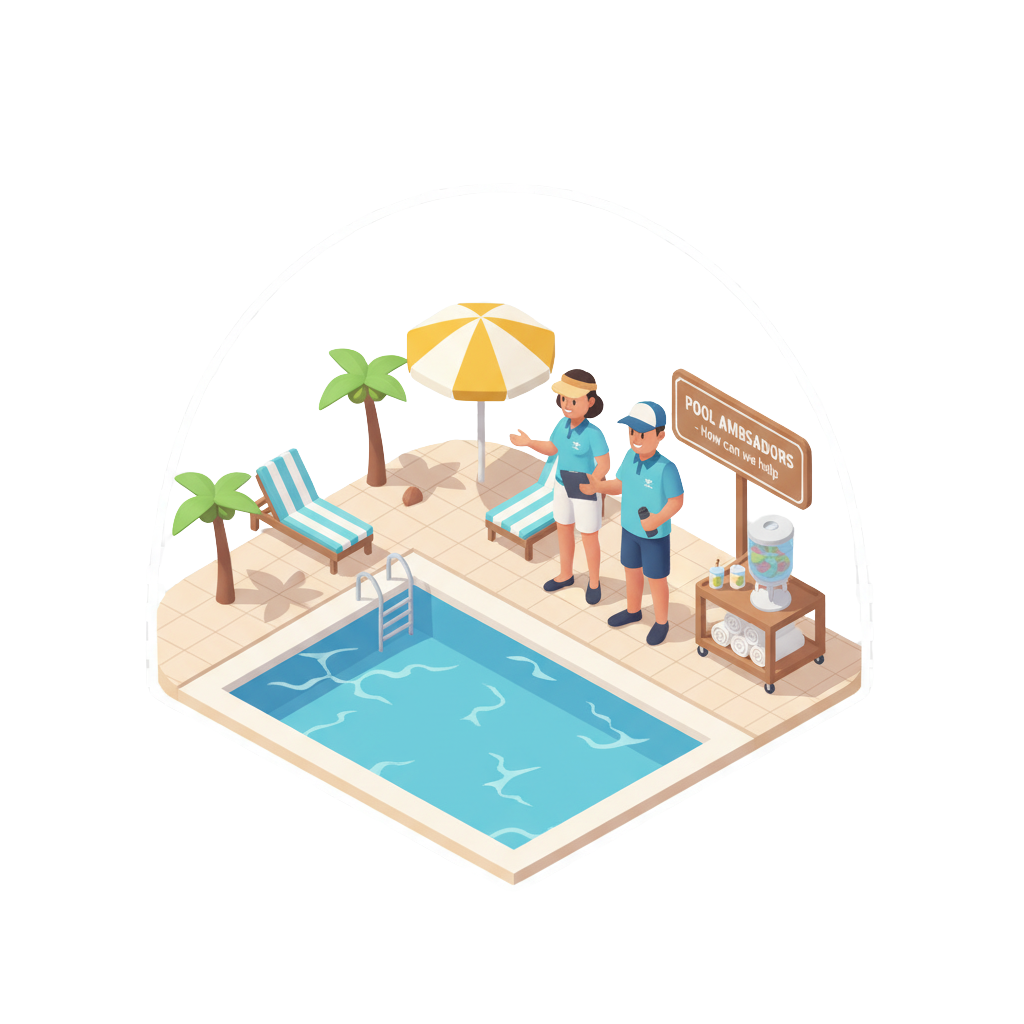 Isometric pool ambassadors by poolside