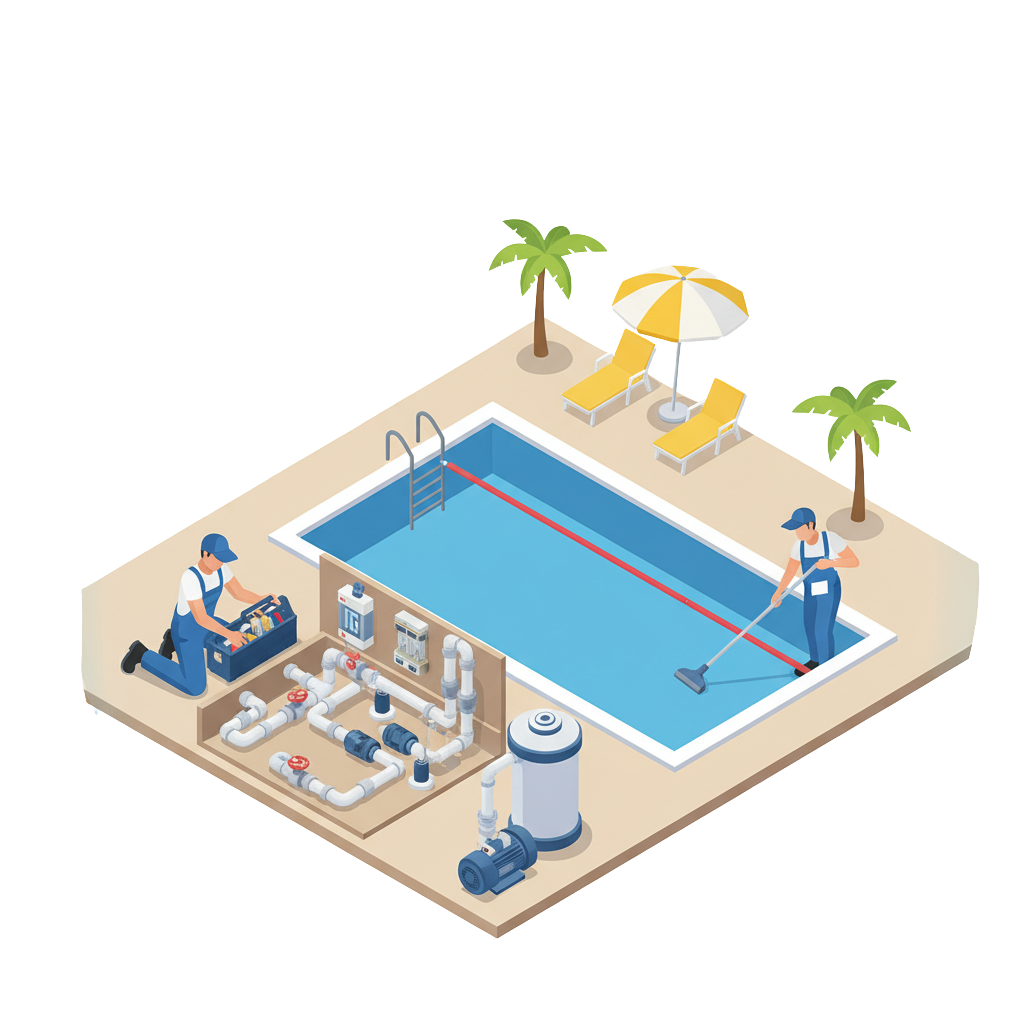 Isometric pool maintenance scene with workers and equipment